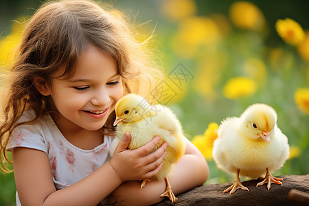 小女孩跟小鸡玩耍高清图片