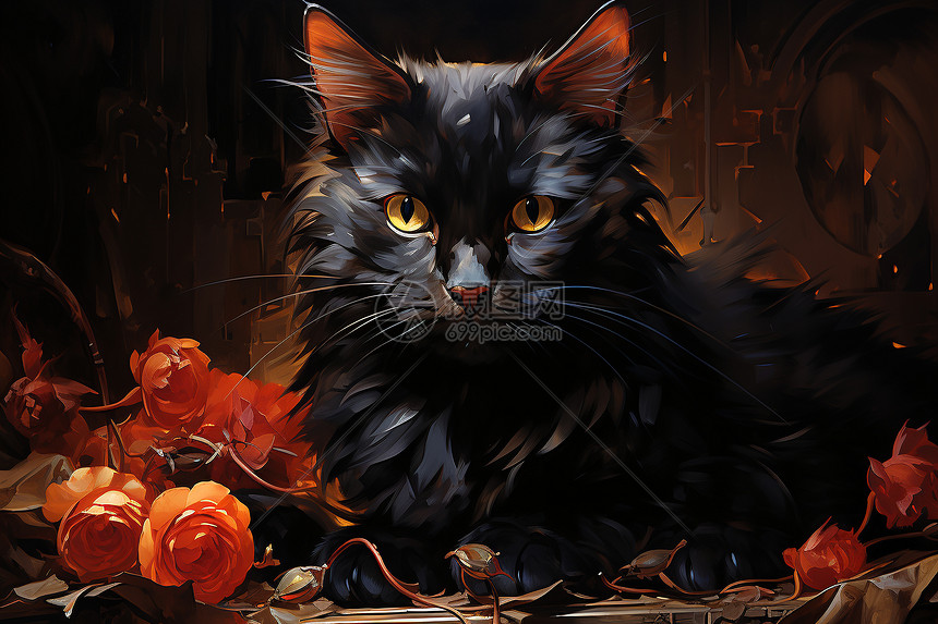 鲜花旁的黑猫图片