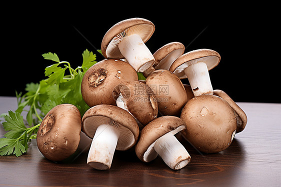白蘑菇堆积在木桌上图片