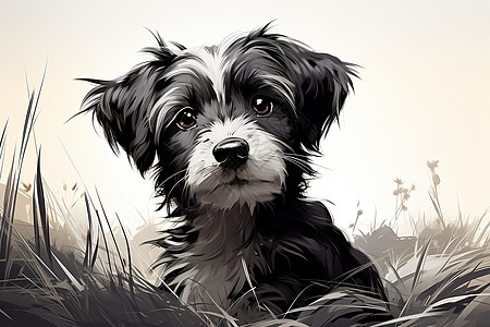 黑白草地上的小狗图片