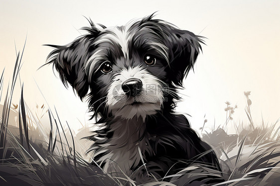 黑白草地上的小狗图片
