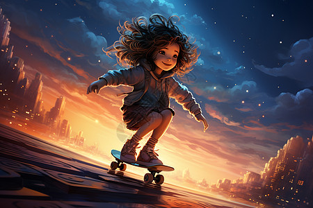 运动极限夜幕下的滑板女孩插画