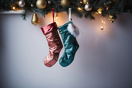 圣诞树上礼物圣诞树上挂着两只圣诞袜背景