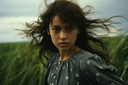 草原上迎风奔跑的女孩图片