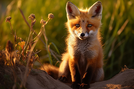 狐狸坐在草地上图片