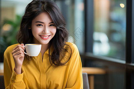 穿着黄色衬衫的商务女性喝咖啡图片