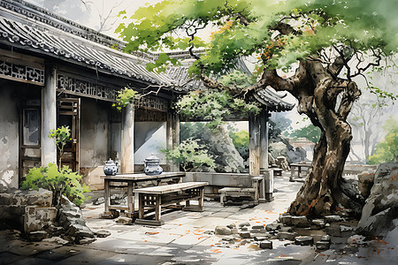 静谧的中式庭院水彩插图图片