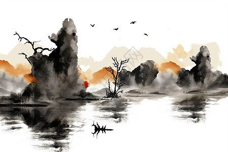 湖泊日落候鸟背景图片