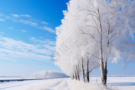 蓝天下被冰雪覆盖的的林荫道图片