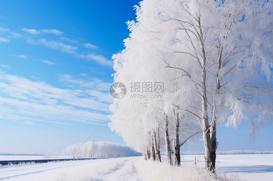 蓝天下被冰雪覆盖的的林荫道图片