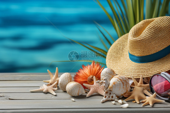 沙滩桌上的帽子与贝壳图片