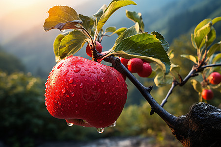 红富士苹果树红苹果上的水滴背景