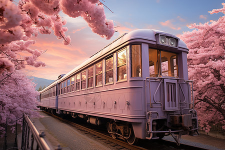 春日粉色花海中的火车图片