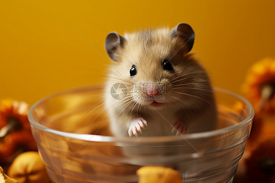 小仓鼠坐在玻璃碗里图片