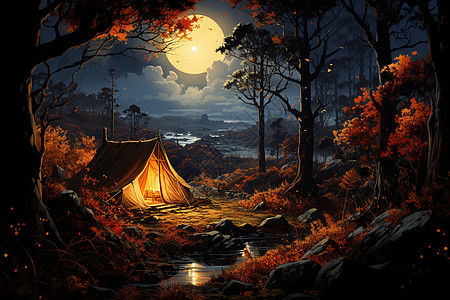 秋季夜晚的露营时光背景图片