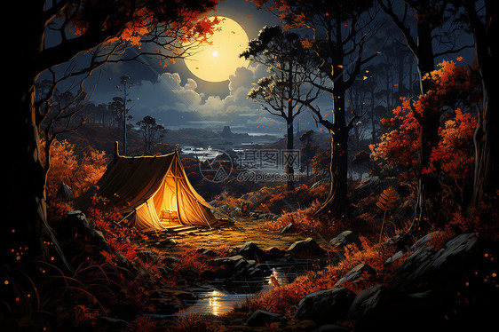 秋季夜晚的露营时光图片