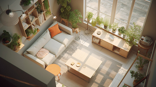 家居俯视洒满阳光的简约客厅装饰设计图片