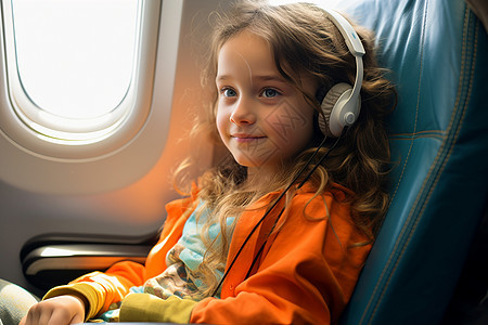 戴耳机飞行的外国小女孩图片