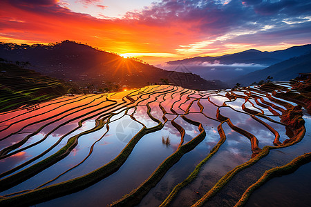 夕阳下壮观的梯田景观图片