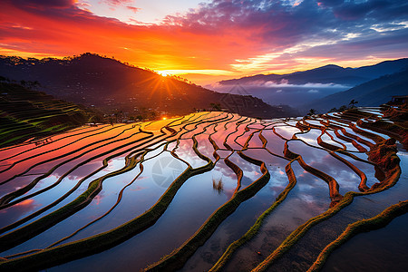 夕阳下壮观的梯田景观图片