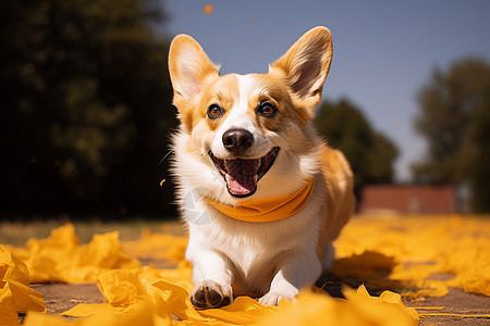 秋季公园中玩耍的柯基犬图片