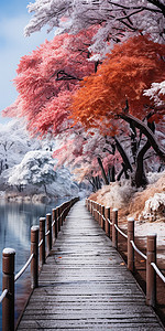 冬季景色优美的河边木栈桥图片