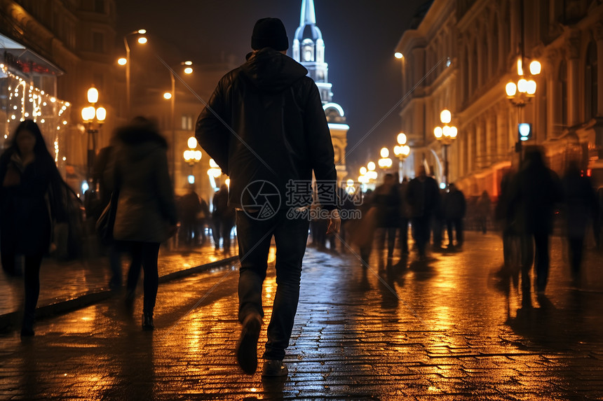城市夜晚街道上的行人高清图片下载-正版图片600724833-摄图网