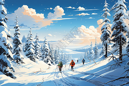 雪山中的滑雪爱好者艺术插图背景图片