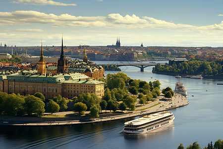 风景优美的欧洲河畔城市景观图片