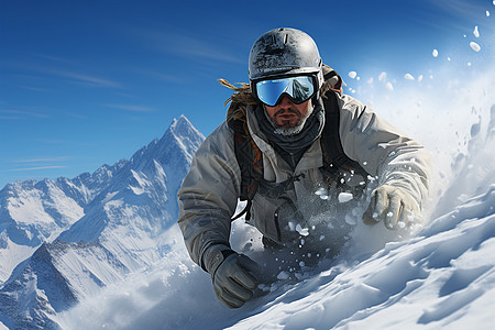 雪山中急速滑雪的运动者图片