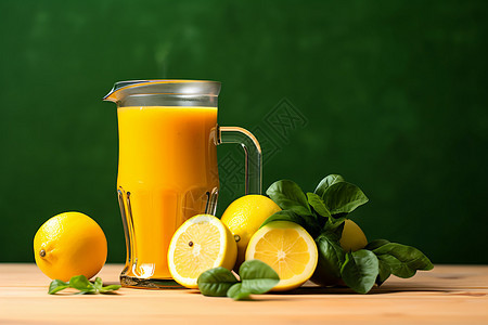 餐桌上的柠檬果汁和柠檬图片