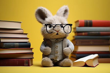 戴眼镜的小兔子和书籍图片