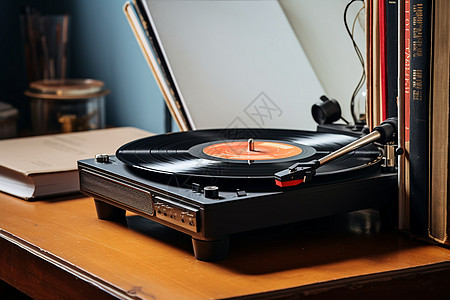 木桌上复古的黑胶唱片图片
