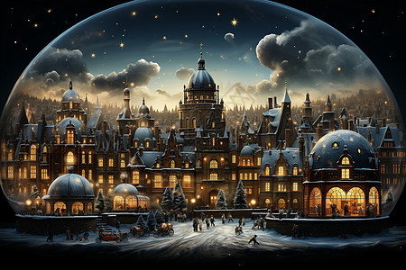 雪夜壮观的欧洲城堡建筑插画