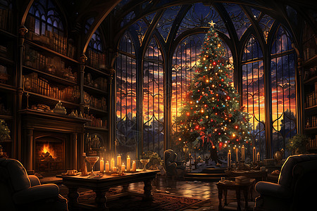 夕阳下温馨的圣诞节装饰客厅图片