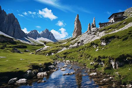 山峰和草地的风景图片