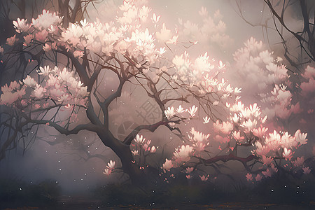 雾中神秘的玉兰树背景图片
