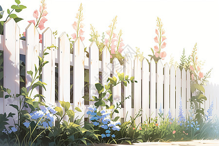 乡村栅栏旁的花朵插图图片