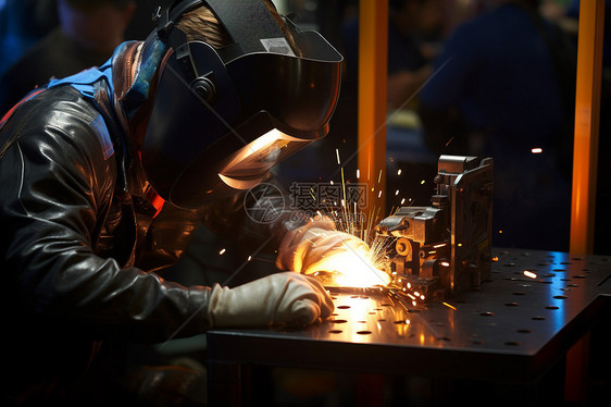 戴防护面具的焊接工人图片