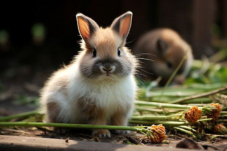兔子坐在草堆边背景图片