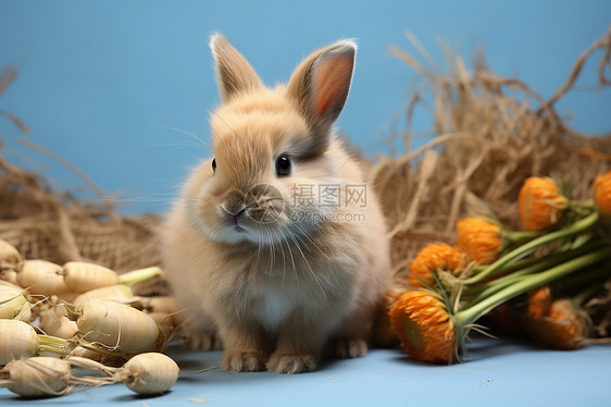 可爱的兔子坐在蓝色背景前图片