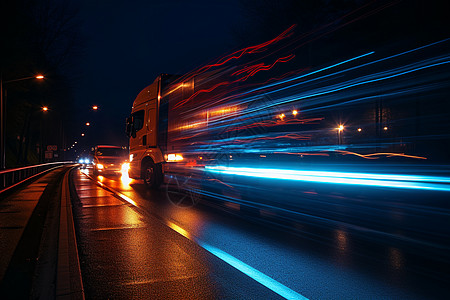 城市夜晚道路上飞驰的卡车高清图片