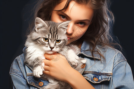 女孩与小动物女士与她的短毛猫背景