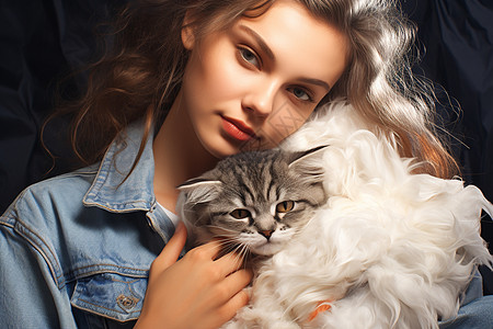 女孩与小动物斑纹猫与女士的亲密时刻背景