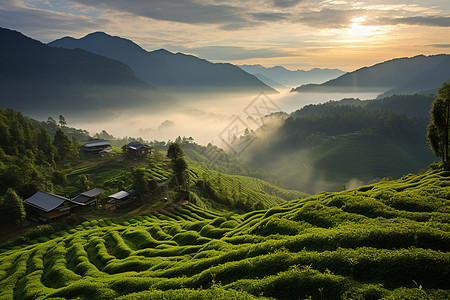 清晨薄雾弥漫的山间茶园图片