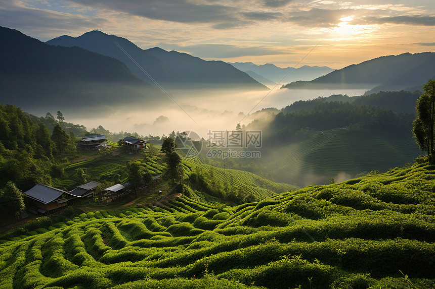 清晨薄雾弥漫的山间茶园图片