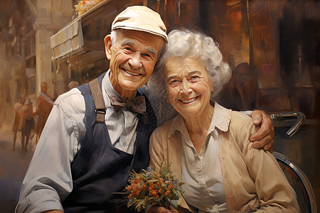恩爱的老年夫妇油画插图背景图片