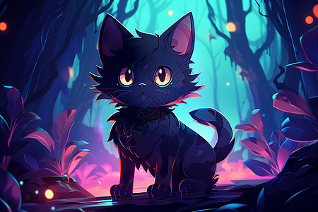 梦幻海洋黑暗森林中的猫咪插图插画