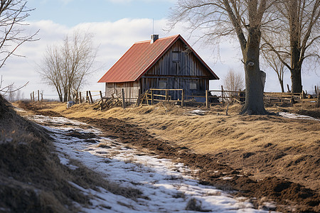 寒冷冬季的乡村农舍景观图片