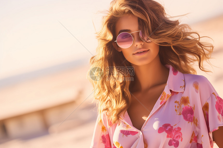 夏季沙滩上时尚的年轻女子图片